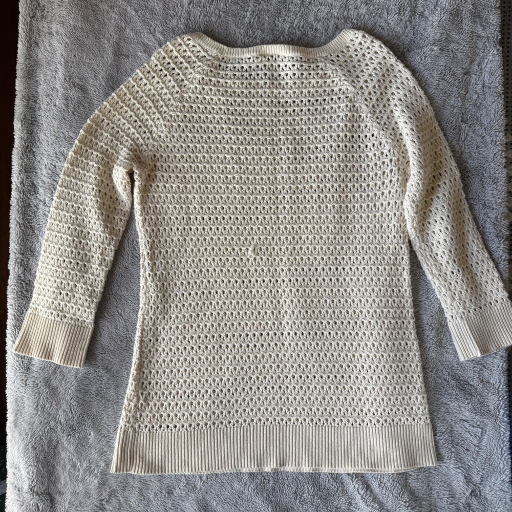 LOFT Women Cream Ivory Open Knit Crochet Sweater 3/4 Sleeve Crew Neck Large Flaw - Picture 6 of 9